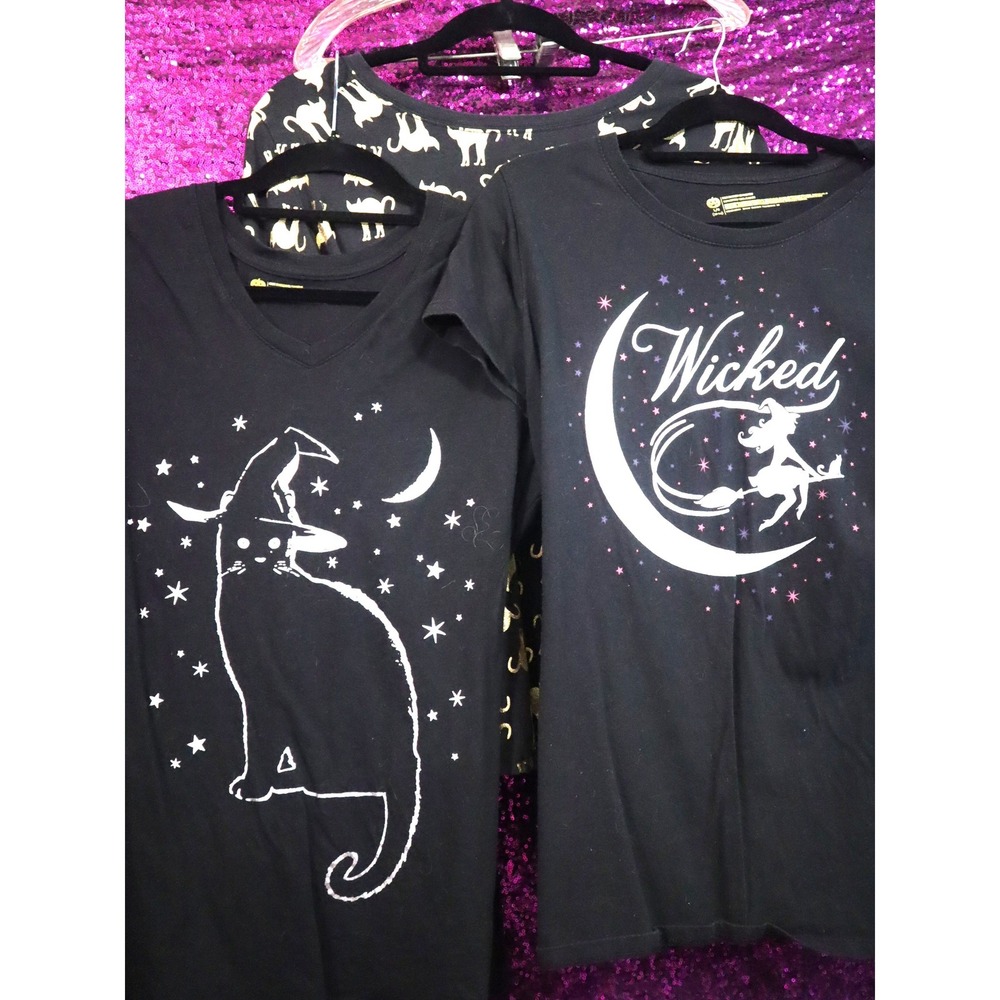 Set of 3 Black Halloween Tops L/XL No Boundaries Women Metallic Graphic Tee